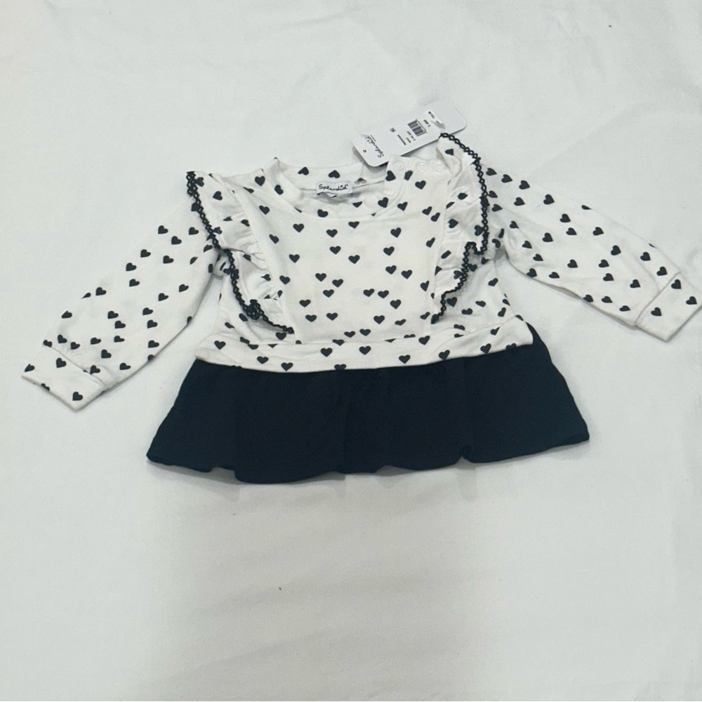 Splendid Baby Girl Dress 3-6M – White Top with Black Hearts & Black Skirt